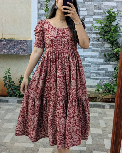 Maroon Ethnic Print Tiered Cotton Midi Dress