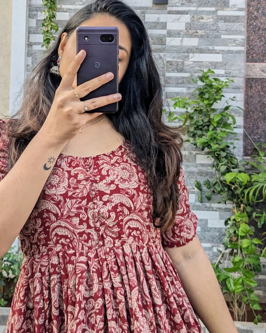 Maroon Ethnic Print Tiered Cotton Midi Dress