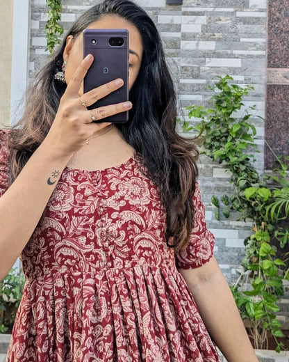 Maroon Ethnic Print Tiered Cotton Midi Dress
