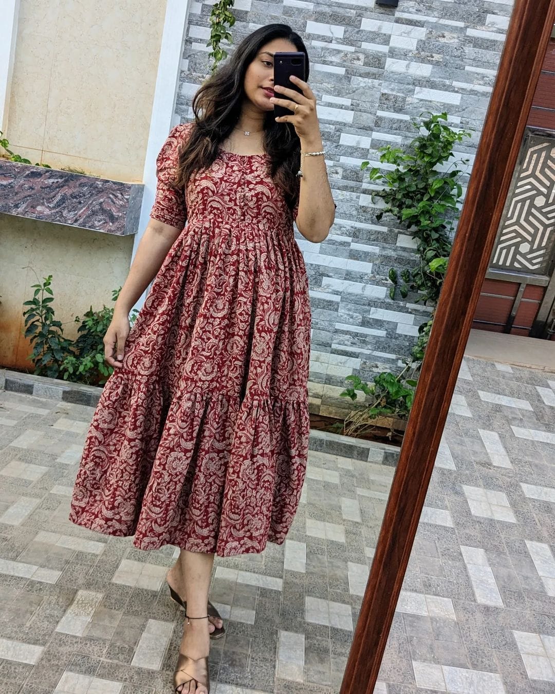 Maroon Ethnic Print Tiered Cotton Midi Dress