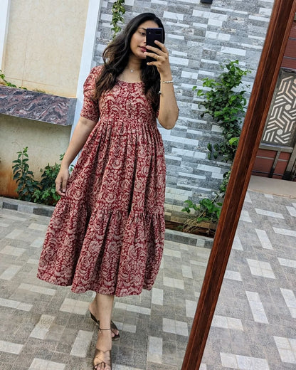 Maroon Ethnic Print Tiered Cotton Midi Dress