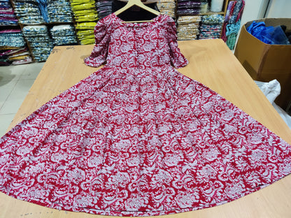 Maroon Ethnic Print Tiered Cotton Midi Dress