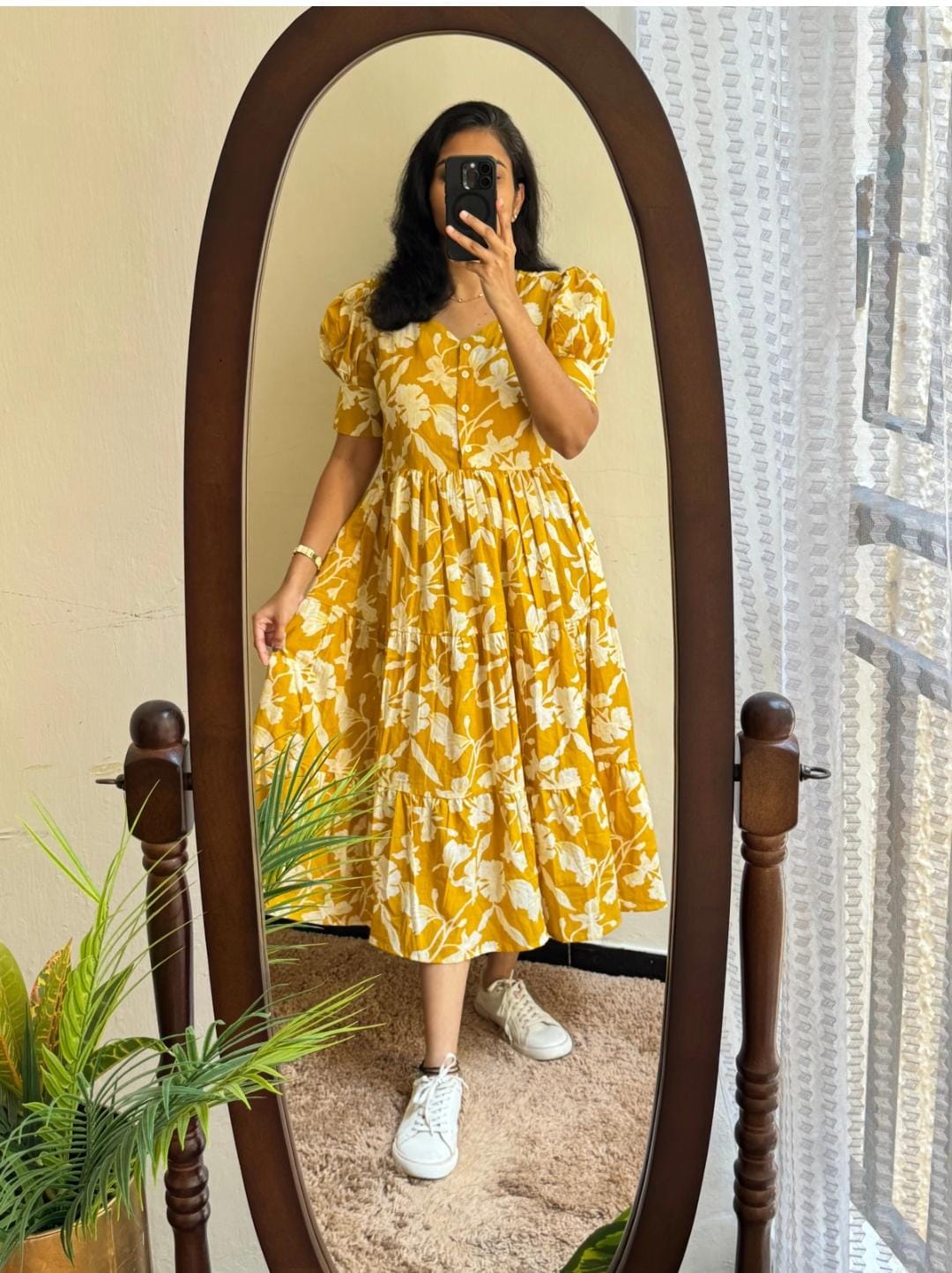Mustard Yellow White Floral Printed Cotton Midi Dress