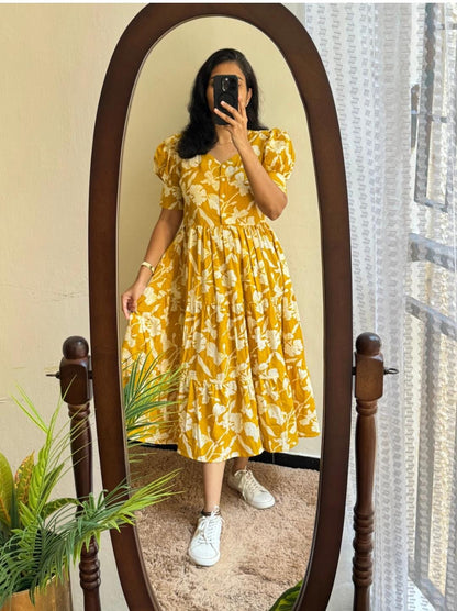 Mustard Yellow White Floral Printed Cotton Midi Dress