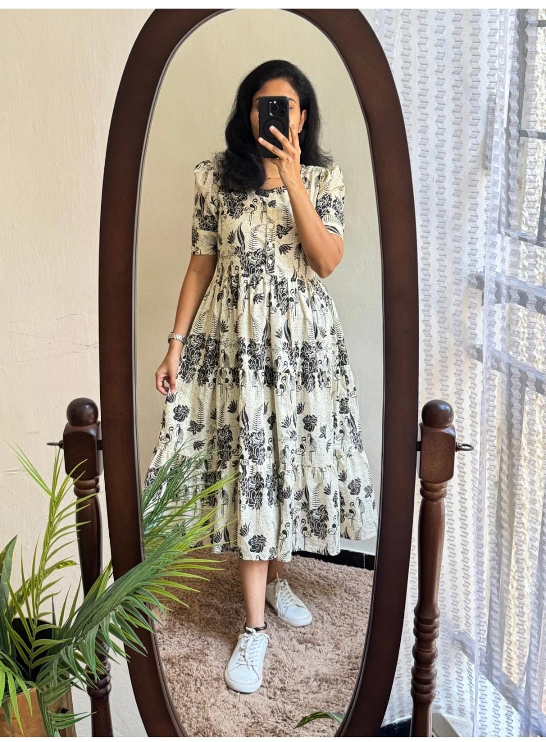 Ivory Black Floral Printed Cotton Midi Dress