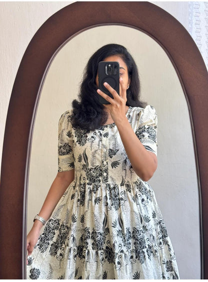 Ivory Black Floral Printed Cotton Midi Dress