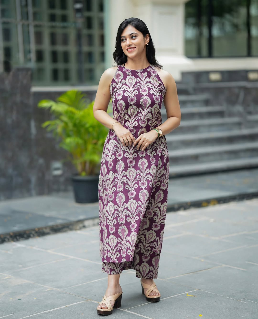 Wine Purple Halter Neck A-Line Kurta Palazzo Set