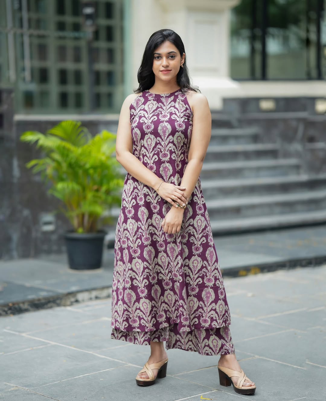 Wine Purple Halter Neck A-Line Kurta Palazzo Set