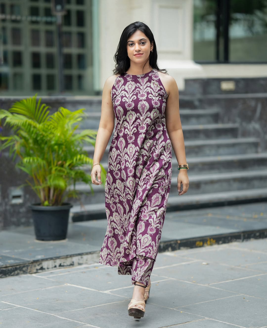 Wine Purple Halter Neck A-Line Kurta Palazzo Set
