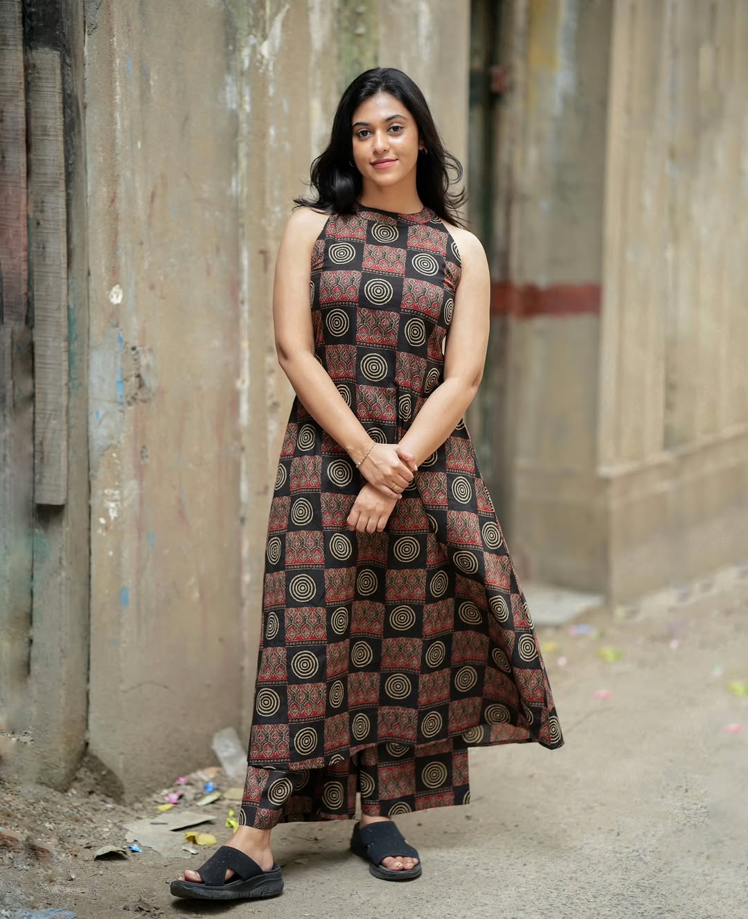 Black Red Geometric Print A-Line Kurta Palazzo Set