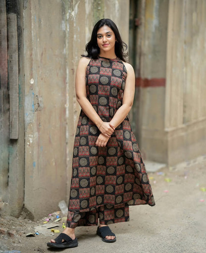 Black Red Geometric Print A-Line Kurta Palazzo Set