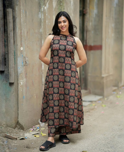Black Red Geometric Print A-Line Kurta Palazzo Set