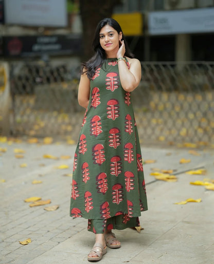 Olive Green Halter Neck Block Print Kurta Pant Set