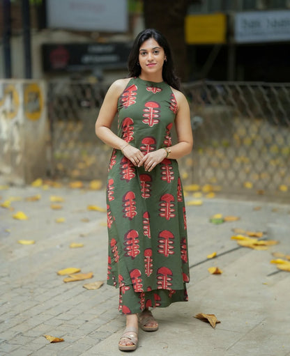 Olive Green Halter Neck Block Print Kurta Pant Set