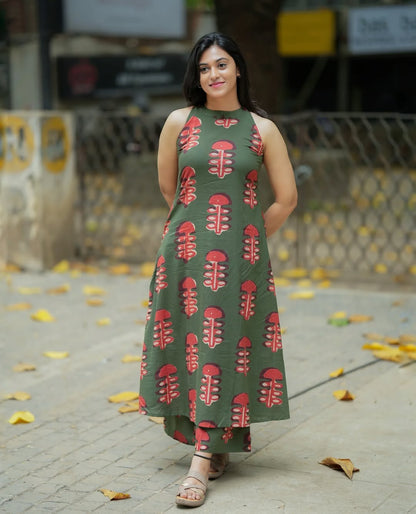 Olive Green Halter Neck Block Print Kurta Pant Set