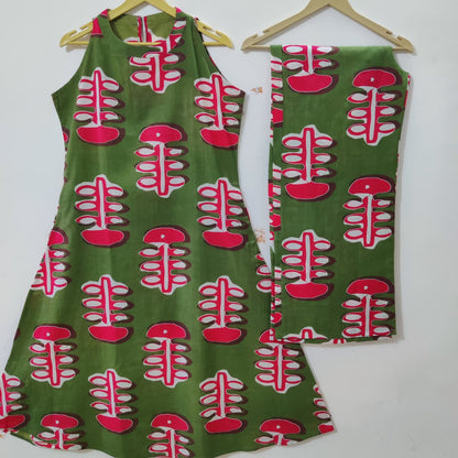 Olive Green Halter Neck Block Print Kurta Pant Set