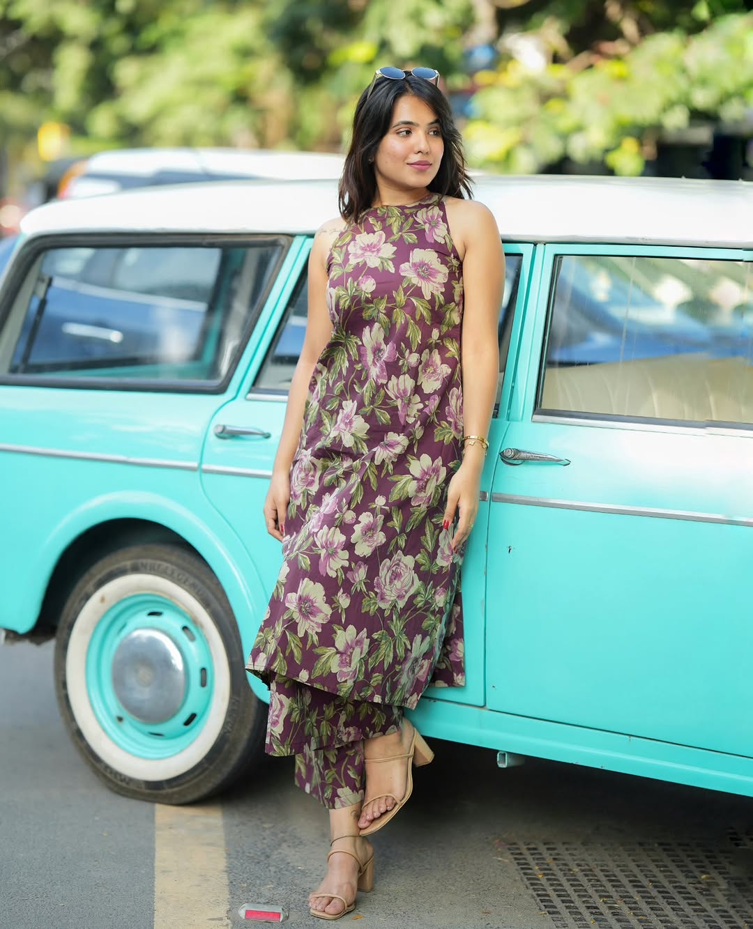 Purple Floral Print A-Line Kurta Palazzo Set