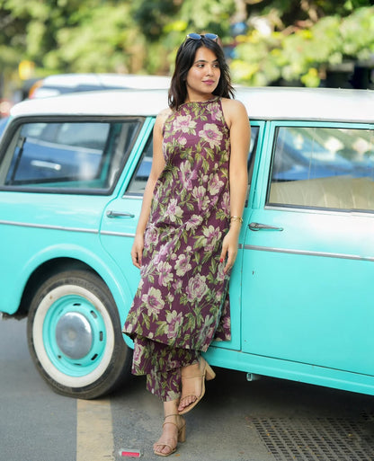 Purple Floral Print A-Line Kurta Palazzo Set