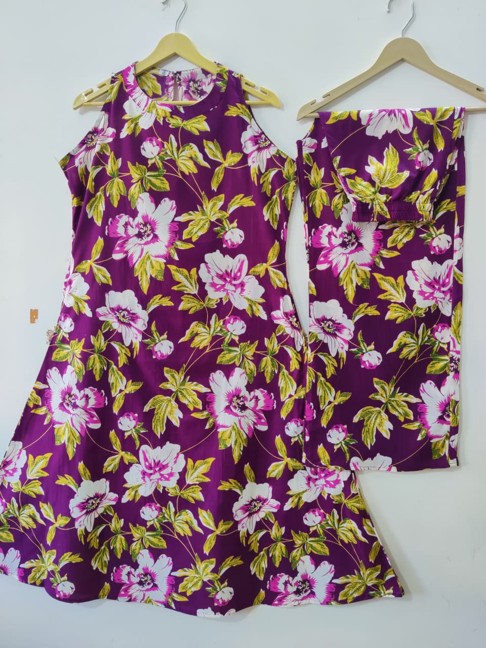 Purple Floral Print A-Line Kurta Palazzo Set