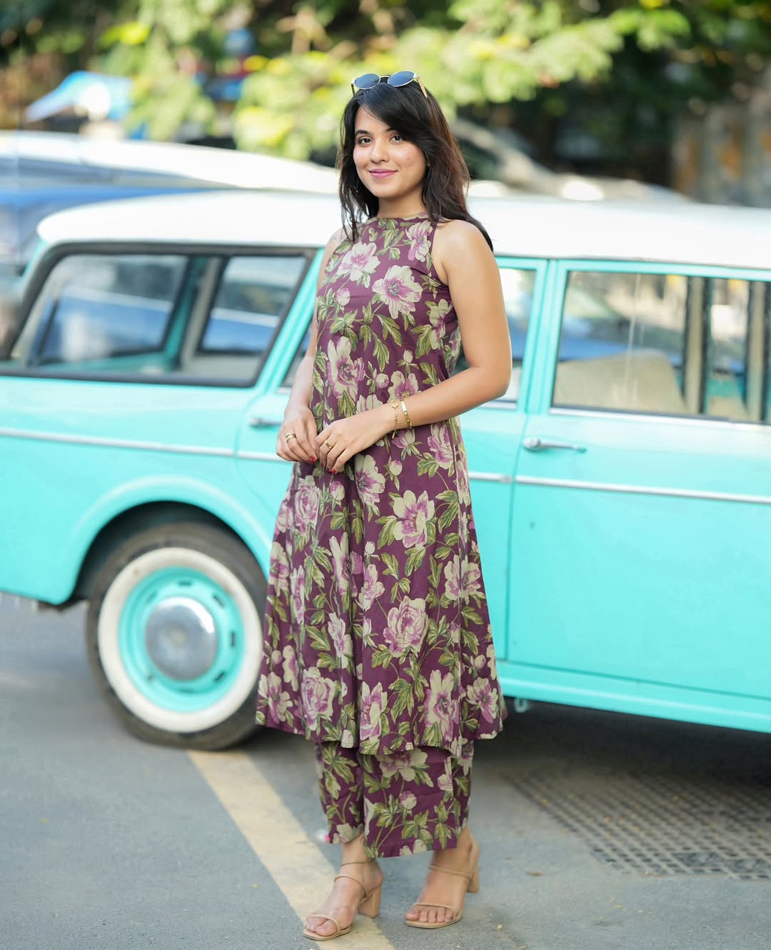 Purple Floral Print A-Line Kurta Palazzo Set