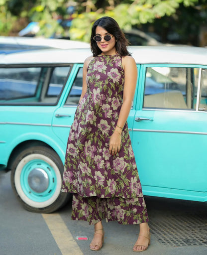 Purple Floral Print A-Line Kurta Palazzo Set
