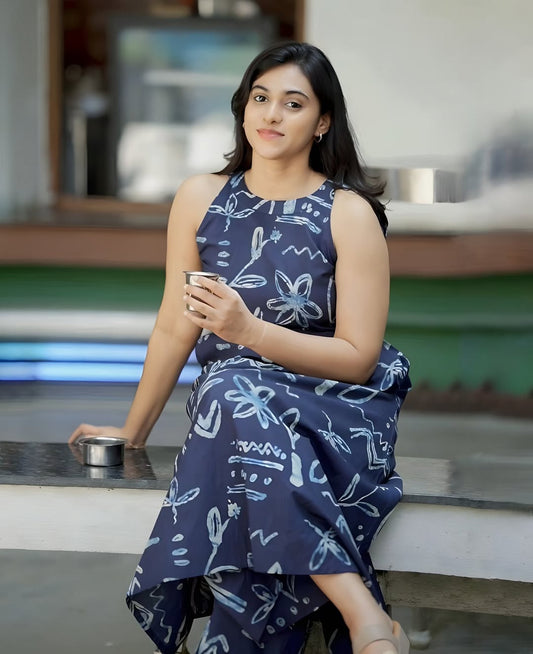 Navy Blue Halter Neck A-Line Kurta Palazzo Set