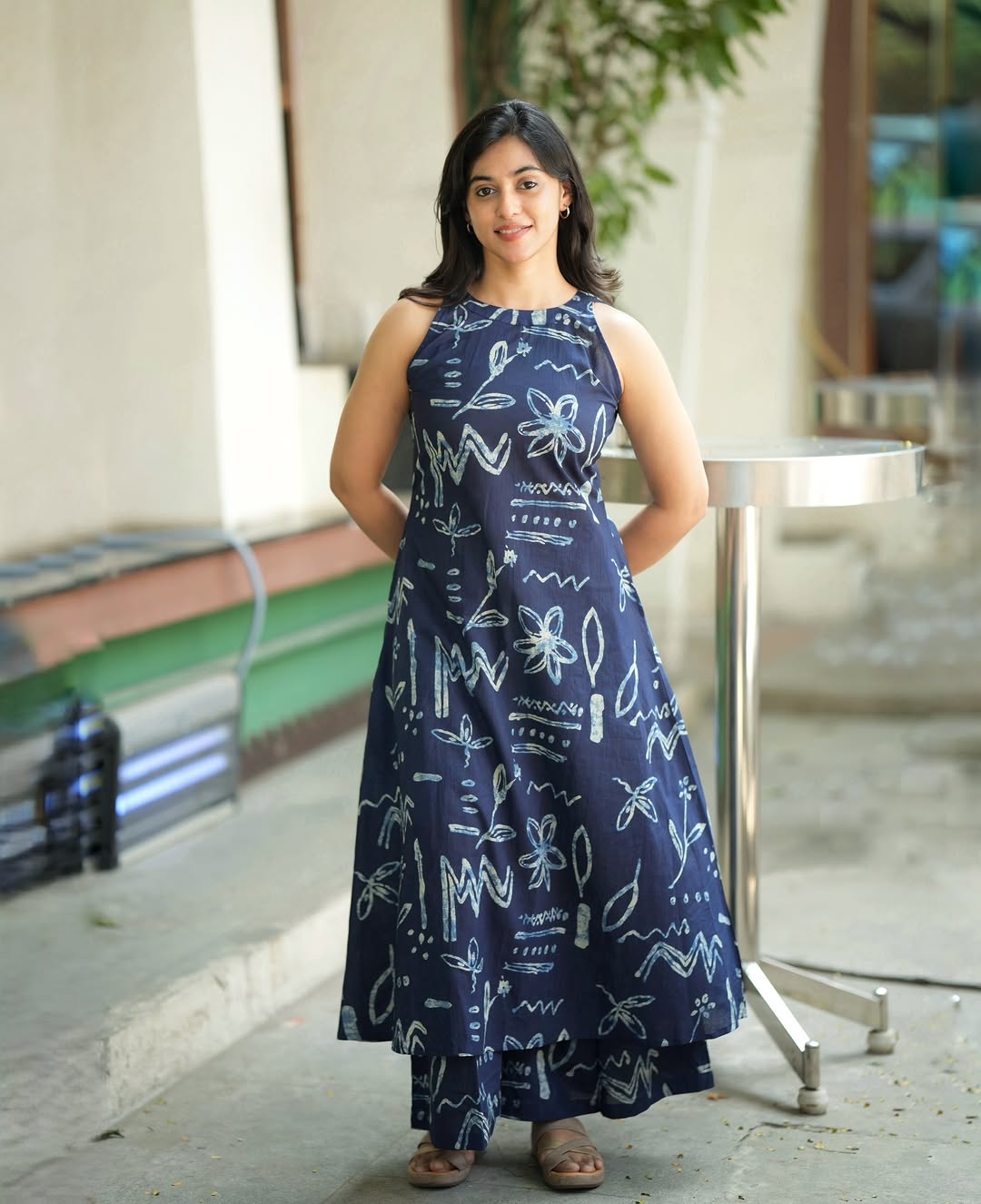 Navy Blue Halter Neck A-Line Kurta Palazzo Set