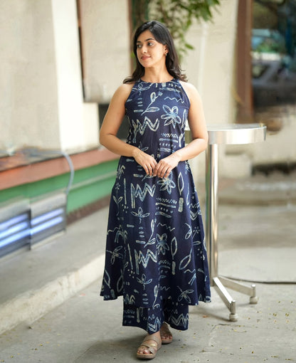 Navy Blue Halter Neck A-Line Kurta Palazzo Set