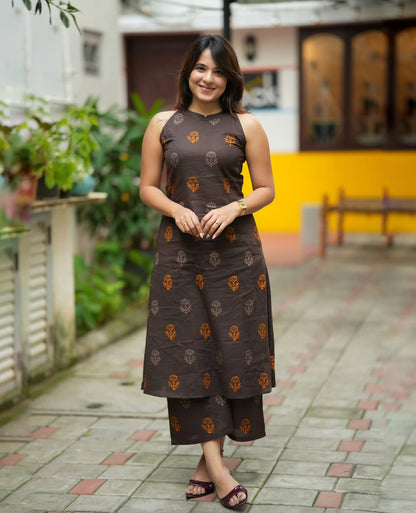 Brown Halter Neck Block Print Kurta Pant Set