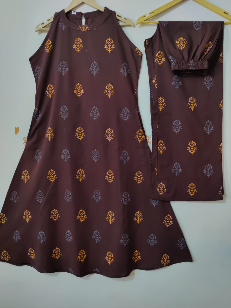 Brown Halter Neck Block Print Kurta Pant Set