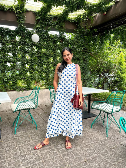 White Blue Heart Print A-Line Kurta Palazzo Set