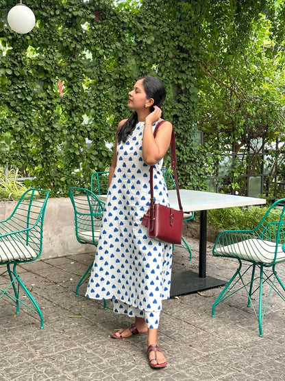 White Blue Heart Print A-Line Kurta Palazzo Set
