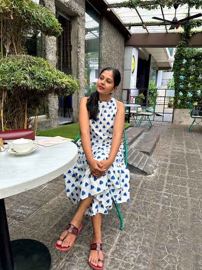 White Blue Heart Print A-Line Kurta Palazzo Set