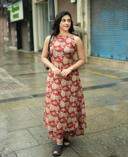 Red White Floral Print A-Line Kurta Palazzo Set
