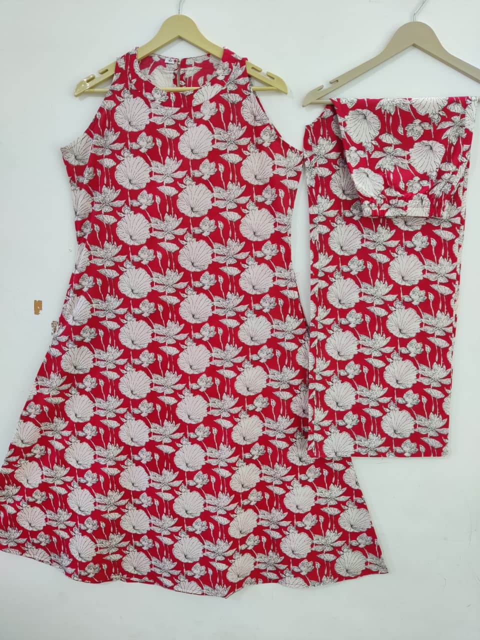 Red White Floral Print A-Line Kurta Palazzo Set