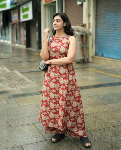 Red White Floral Print A-Line Kurta Palazzo Set