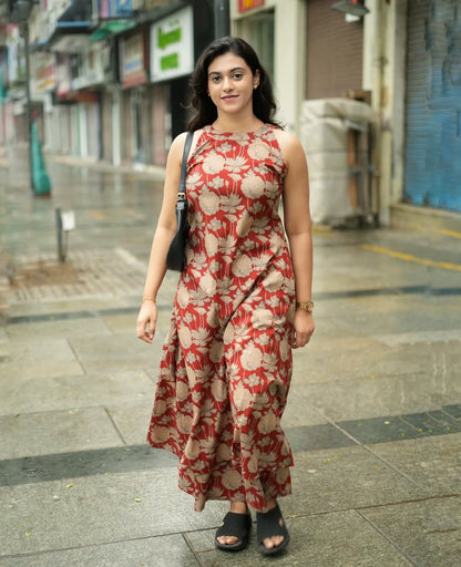 Red White Floral Print A-Line Kurta Palazzo Set
