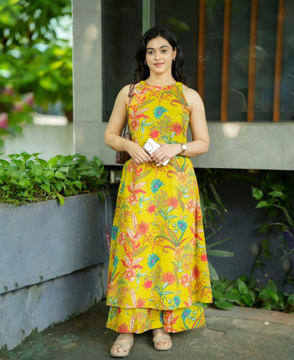 Yellow Floral Print A-Line Kurta Palazzo Set