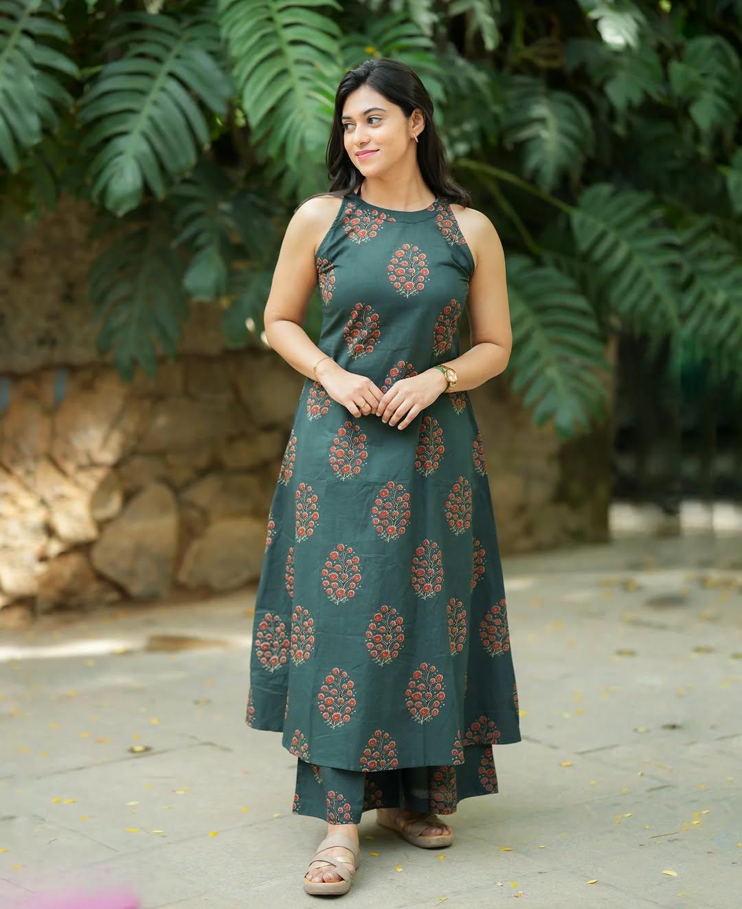 Teal Green Halter Neck A-Line Kurta Palazzo Set