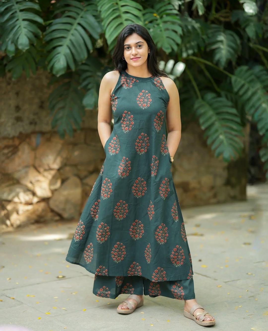 Teal Green Halter Neck A-Line Kurta Palazzo Set