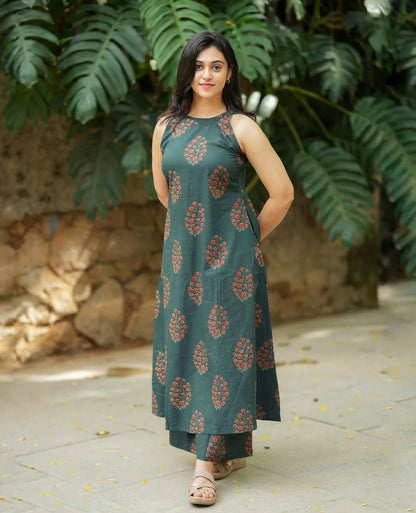 Teal Green Halter Neck A-Line Kurta Palazzo Set