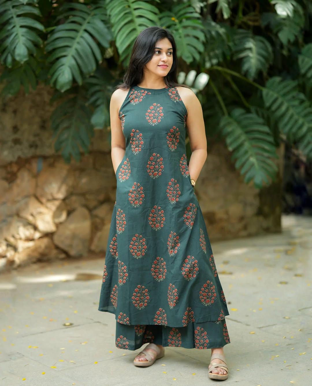 Teal Green Halter Neck A-Line Kurta Palazzo Set