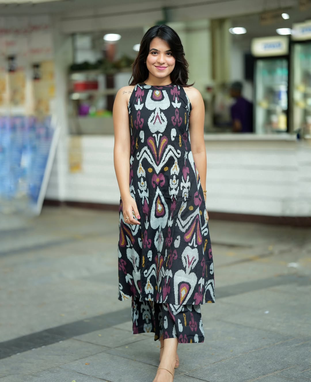 Black Ikat Print Halter Neck A-Line Kurta Palazzo Set