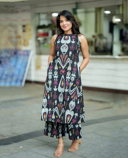 Black Ikat Print Halter Neck A-Line Kurta Palazzo Set