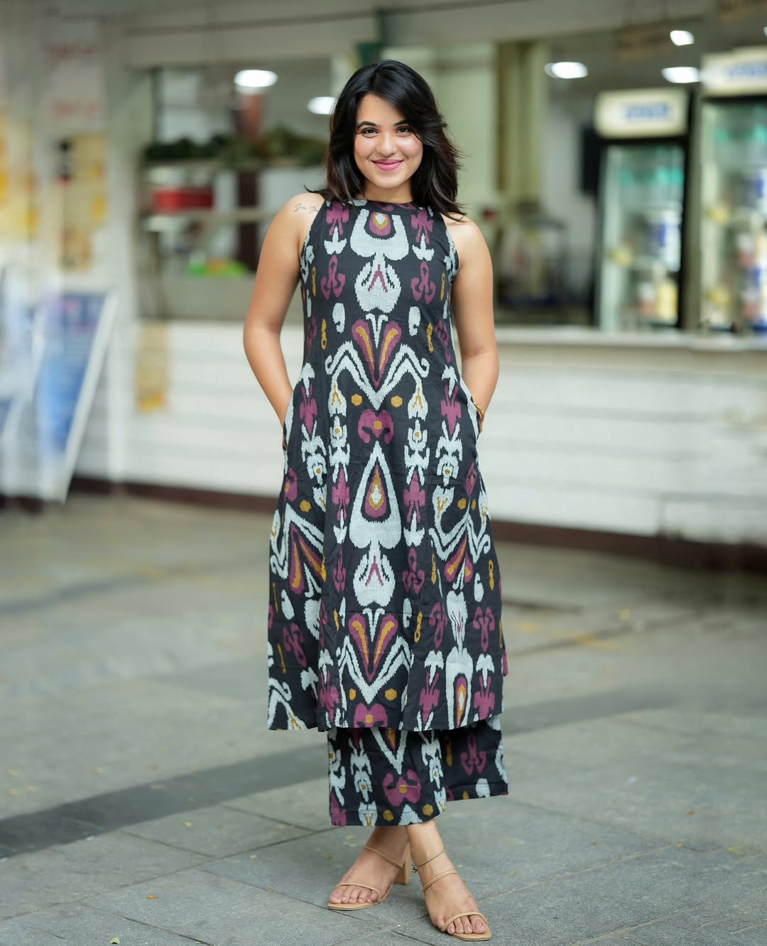Black Ikat Print Halter Neck A-Line Kurta Palazzo Set