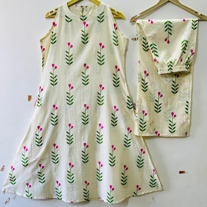 Ivory Floral Print A-Line Kurta Palazzo Set