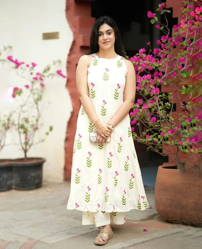 Ivory Floral Print A-Line Kurta Palazzo Set