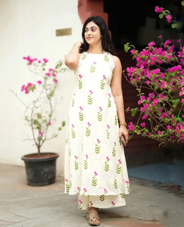 Ivory Floral Print A-Line Kurta Palazzo Set
