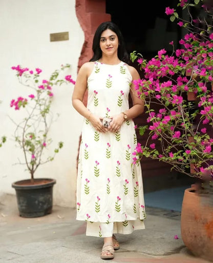 Ivory Floral Print A-Line Kurta Palazzo Set