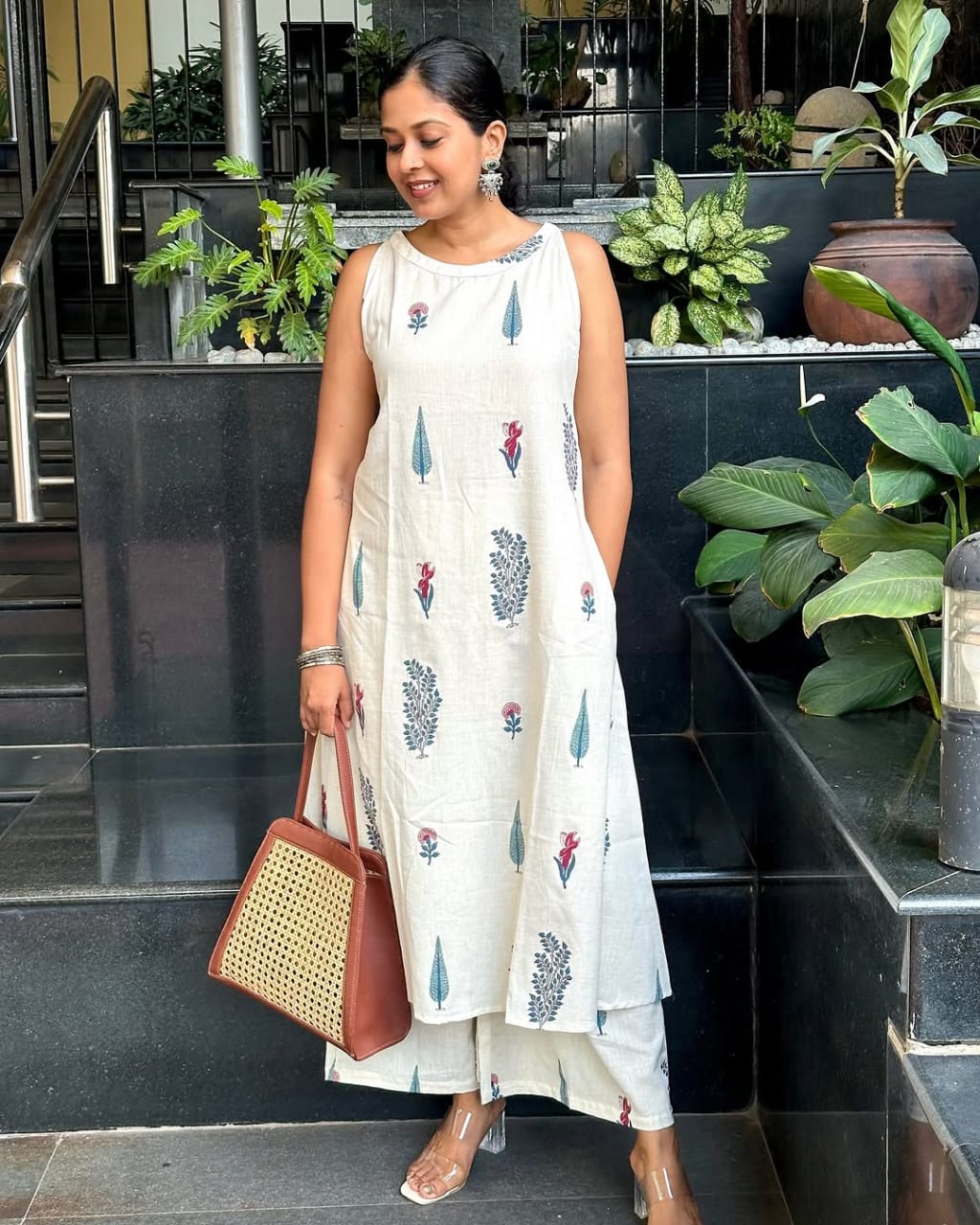 White Floral Halter Neck A-Line Kurta Palazzo Set